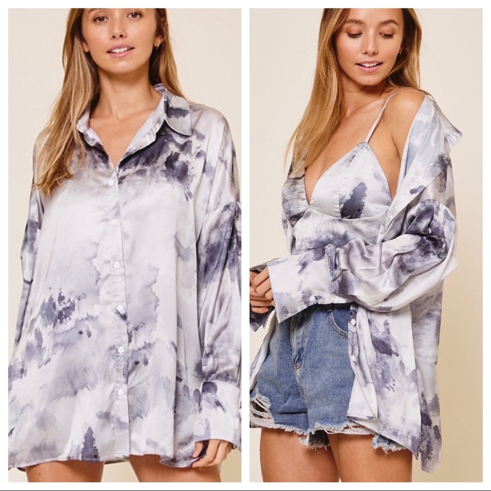 #46 Paige Tie Dye Print Boyfriend Shirt with Matching Crop Top - Picture 5 of 10